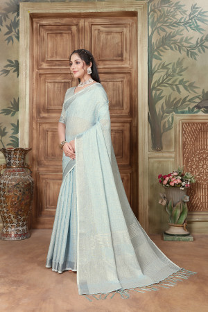 Light sky blue color linen cotton saree with zari weaving work