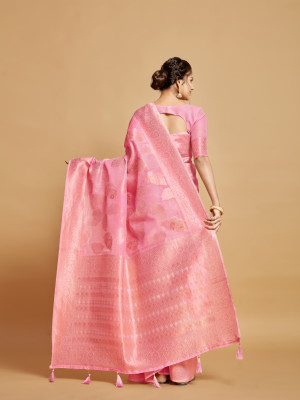 Baby pink color soft linen silk saree with zari weaving work