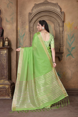 Parrot green color linen cotton saree with zari weaving work