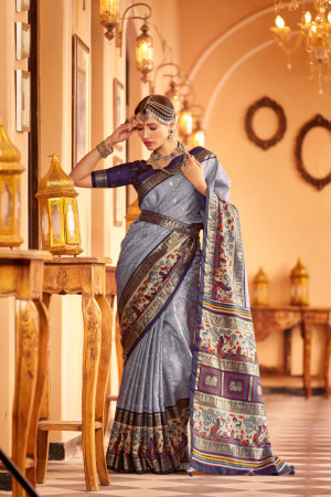Gray color patola silk saree with foil printed work