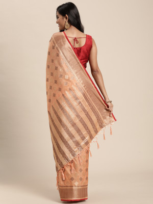 Peach color chanderi cotton saree with woven design