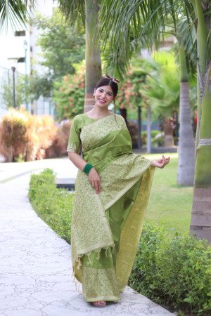 Mahendi green color soft handloom raw silk saree with weaving work