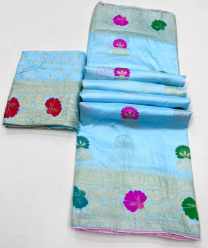 Sky blue color soft viscose silk saree with zari weaving work