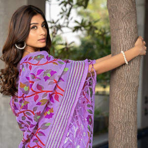 Lavender color soft jamdani cotton saree with woven design