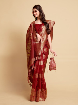 Marron color soft linen silk saree with zari weaving work