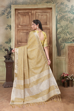 Mustard yellow color linen cotton saree with zari weaving work