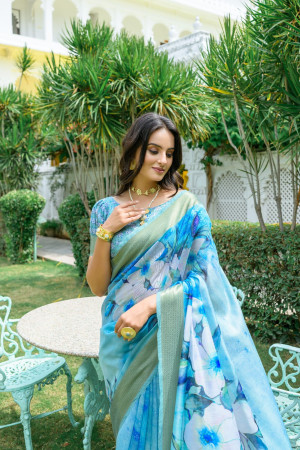 Sky blue color linen cotton saree with digital printed work