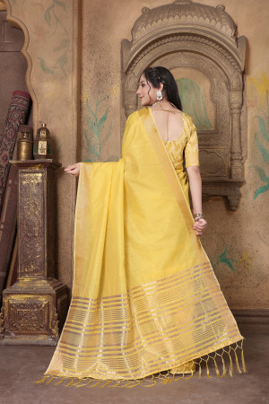 Yellow color linen cotton saree with zari weaving work