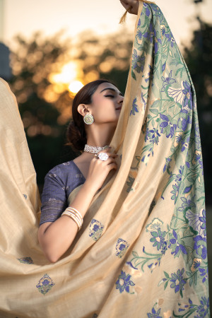 Navy blue color soft modal silk saree with woven design