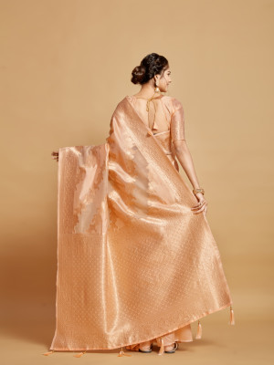 Light peach color soft linen silk saree with zari weaving work