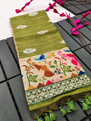 Mahendi green color soft tussar silk saree with printed work