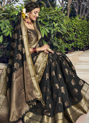 Black color chanderi cotton saree with zari weaving work