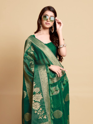 Green color soft linen silk saree with zari weaving work