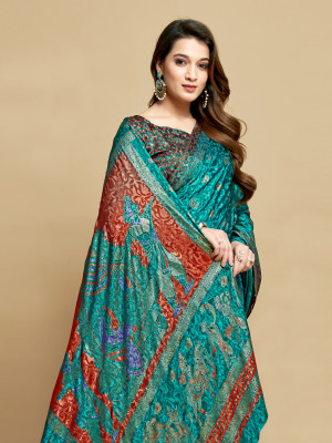 Rama green color soft jacquard silk saree with foil printed work