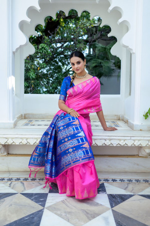 Pink color soft tussar silk saree with zari weaving border