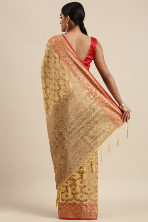 Yellow color katan silk saree with zari woven work