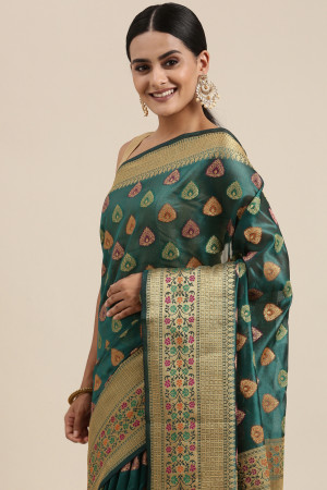 Rama green color soft organza silk saree with woven design