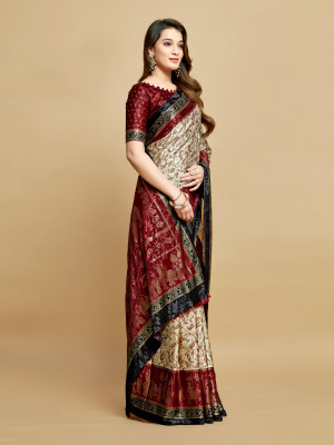 Cream and maroon color soft jacquard silk saree with foil printed work
