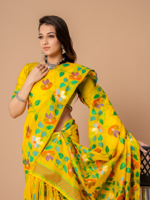 Yellow color soft jamdani cotton saree with woven design