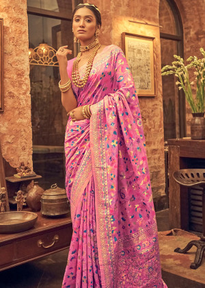 Pink color soft cotton saree with woven design