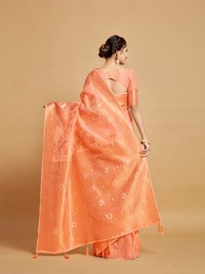 Peach color soft linen silk saree with zari weaving work