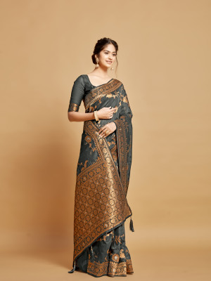 Gray color soft linen silk saree with zari weaving work