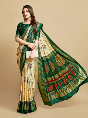 Cream and green color soft jacquard silk saree with foil printed work