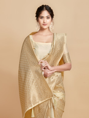 Off white color soft linen silk saree with zari weaving work