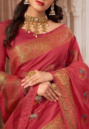 Gajari color chanderi cotton saree with zari weaving work