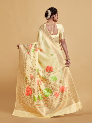Off white color soft cotton silk saree with zari weaving work