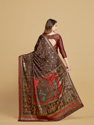 Coffee color soft jacquard silk saree with foil printed work