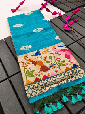 Firoji color soft tussar silk saree with printed work