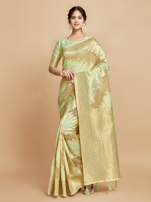 Light pista green color soft linen silk saree with zari weaving work
