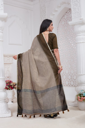 Light brown color linen cotton saree with woven design