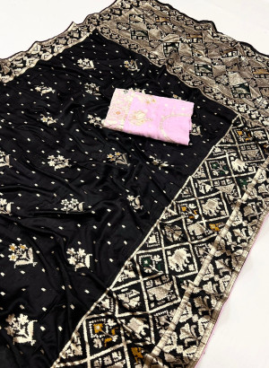 Black color soft viscose silk saree with zari weaving work