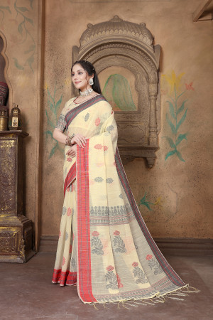 Off white color linen cotton saree with woven design