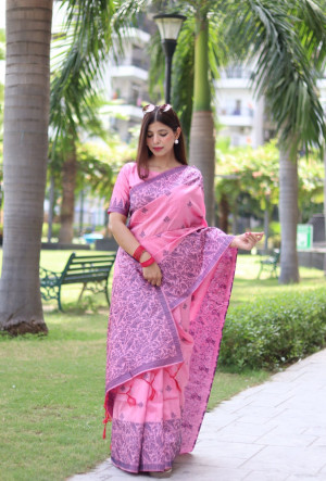 Baby pink color soft handloom raw silk saree with weaving work