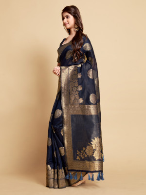 Navy blue color soft linen silk saree with zari weaving work