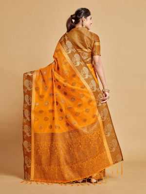 Mustard yellow color chanderi cotton saree with woven design