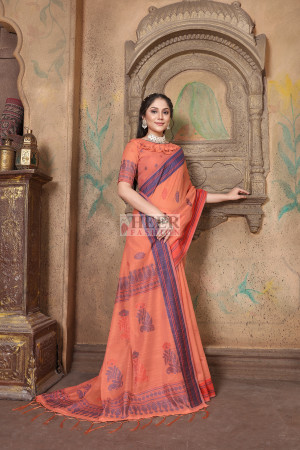 Orange color linen cotton saree with woven design