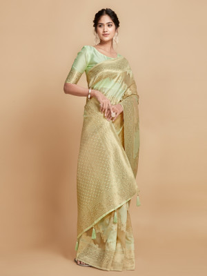 Light pista green color soft linen silk saree with zari weaving work