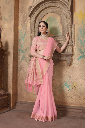 Pink color linen cotton saree with zari weaving work