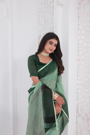 Sea green color linen cotton saree with woven design