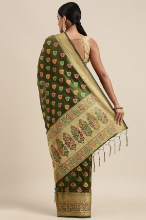 Mahendi green color soft organza silk saree with woven design