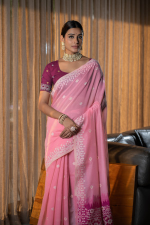 Pink color mulmul cotton saree with weaving work