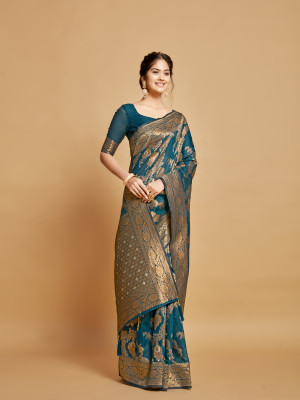 Firoji color soft linen silk saree with zari weaving work