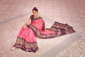 Peach color patola silk saree with foil printed work
