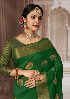 Green color chanderi cotton saree with zari weaving work