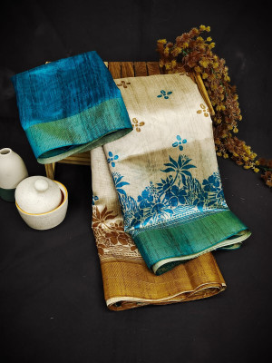 Firoji color tussar silk saree with digital printed work