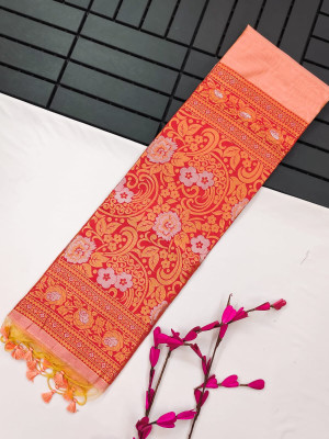 Peach color soft tussar silk saree with zari weaving work